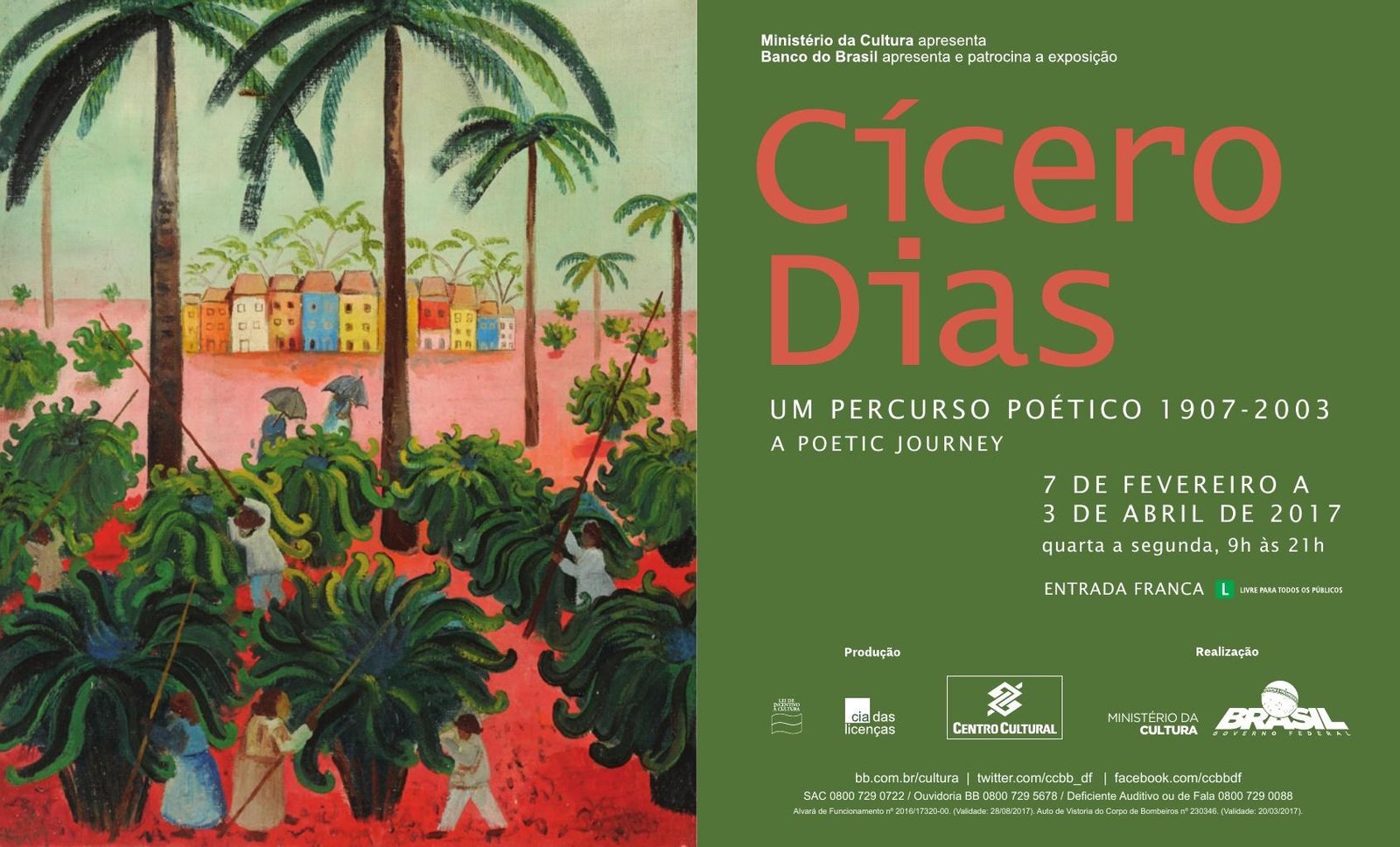 Convite da exposição: pintura à esquerda, campo verde com título coral à direita
