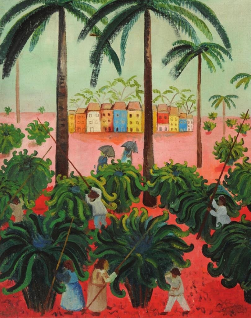 Pintura de Cícero Dias com palmeiras e casario colorido