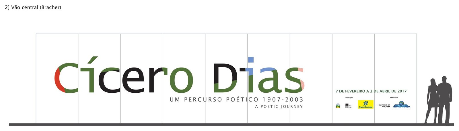 Vão central: logotipo Cícero Dias multicolorido atravessando nove painéis de porta