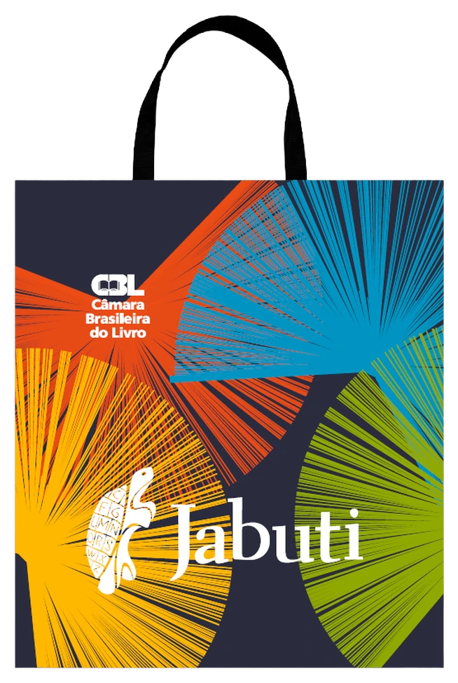 Sacola do Prêmio Jabuti — leque multicolorido sobre fundo azul-escuro