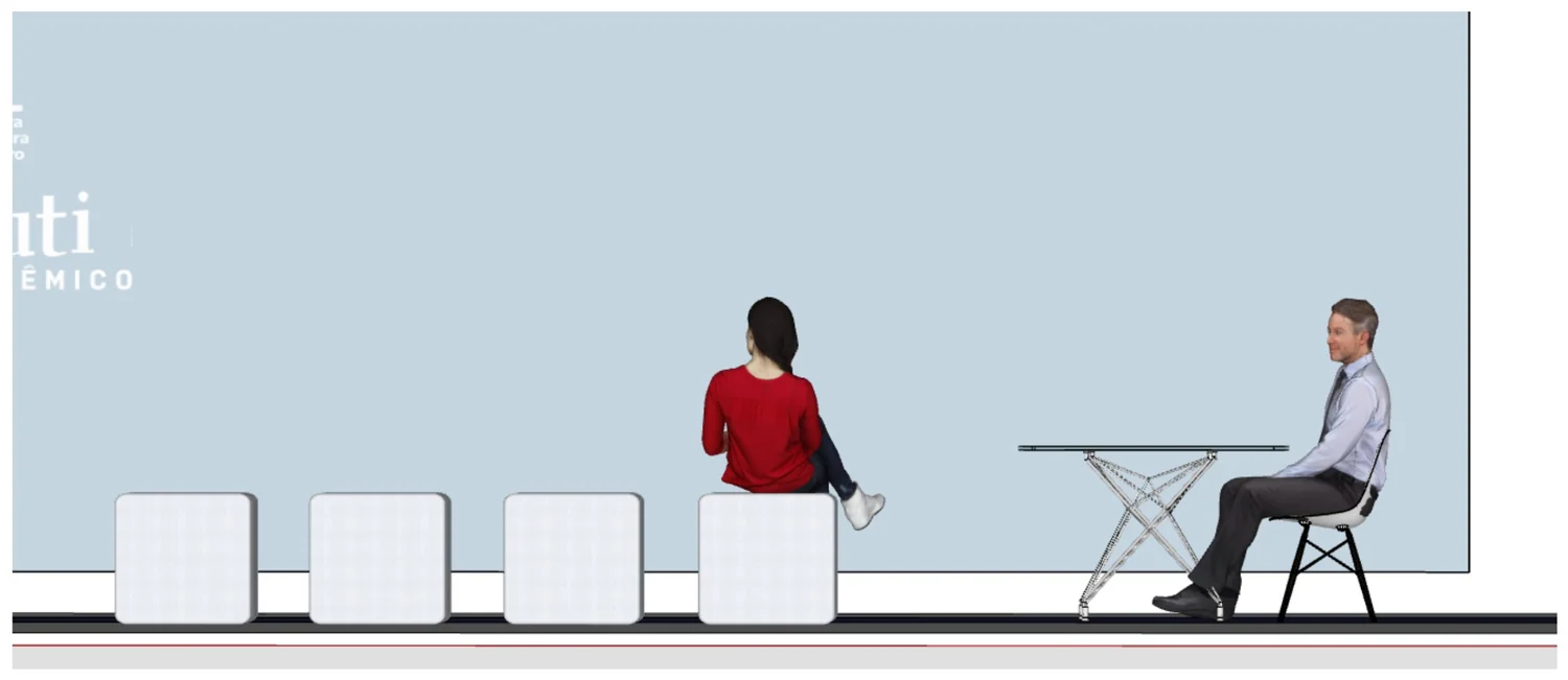 Elevação da área de convivência com mesa e banquetas