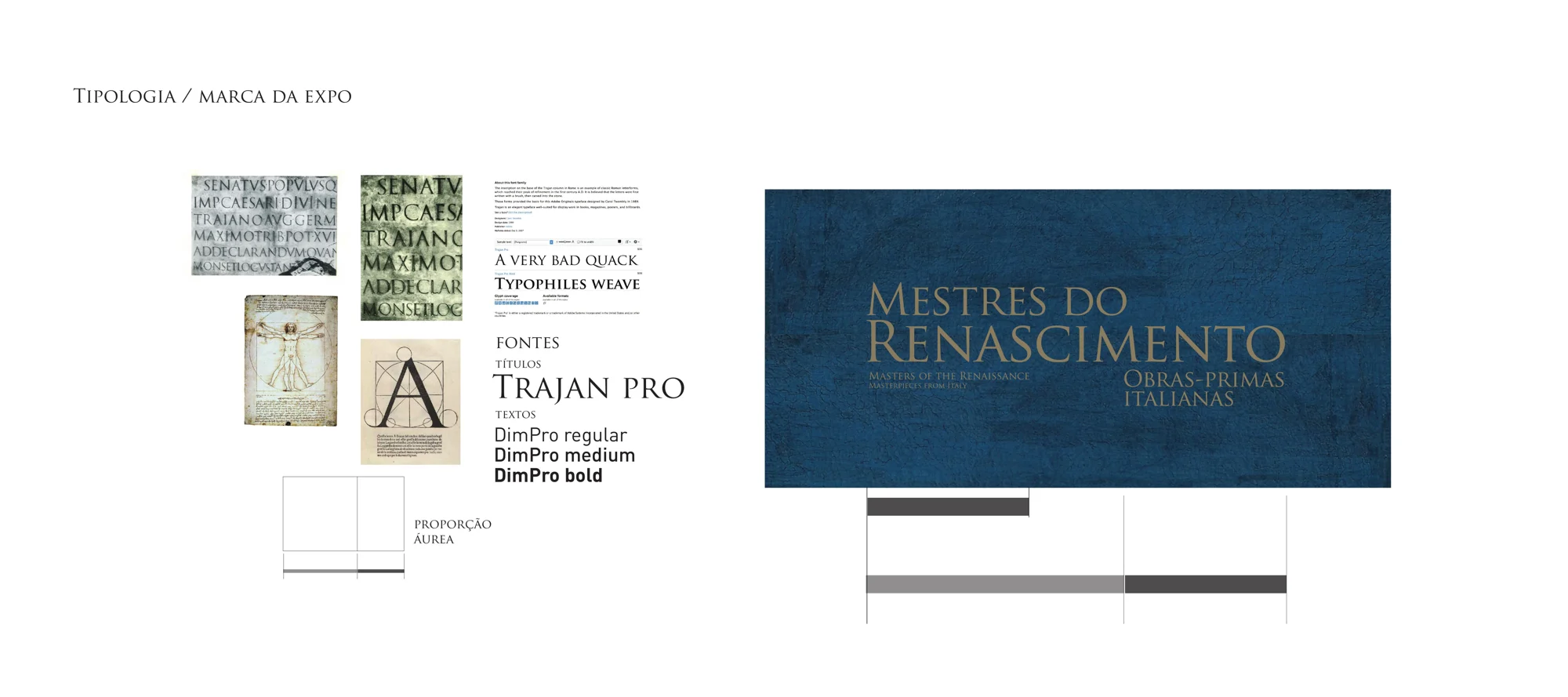 Prancha da marca: tipografia Trajan Pro e proporção áurea