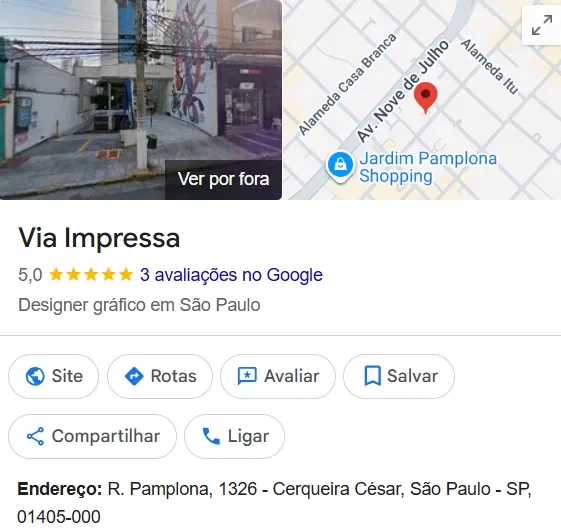 Fachada da Via Traço e mapa da região da Rua Pamplona